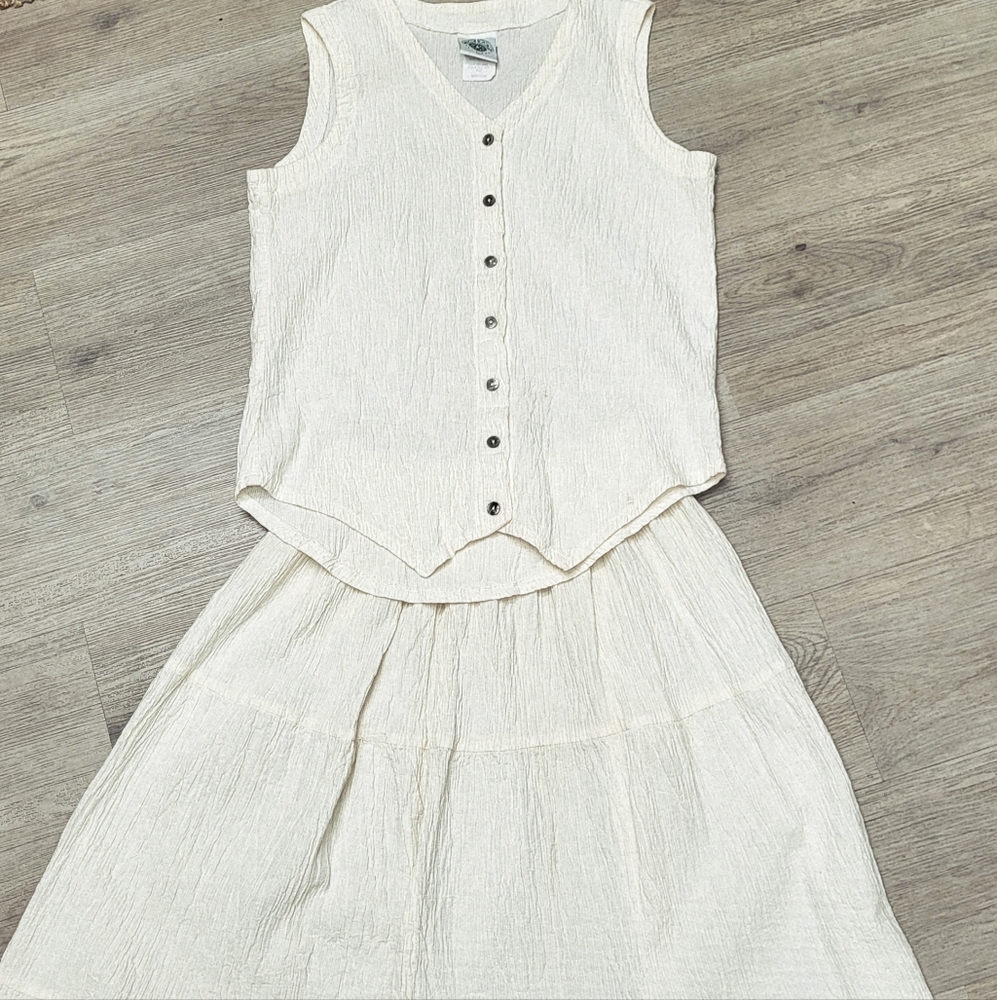 VTG Tomtom California Cream M Sleeveless Button-Up Top Skirt Set Crinkle Boho